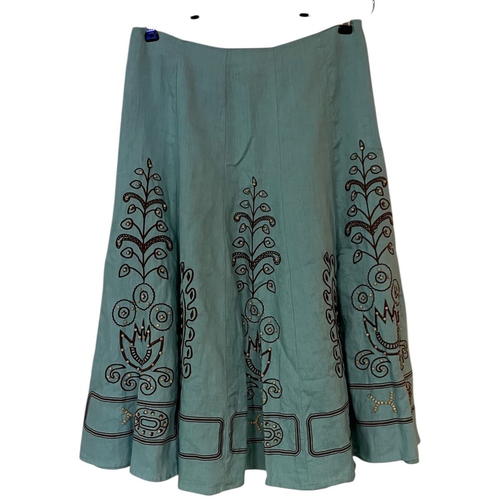 Sunny‎ Leigh Blue Brown Beaded Embroidered Linen A Line Skirt Festival Coastal 8